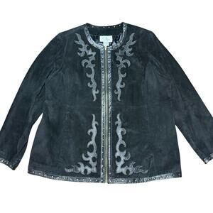 Linea By Louis Dell'Olio Black Suede Studded Leather Applique Jacket Size 1X